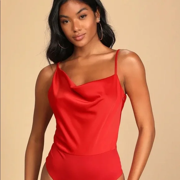 NEW Red Satin Asymmetrical Cowl Neck Bodysuit - Picture 5 of 6